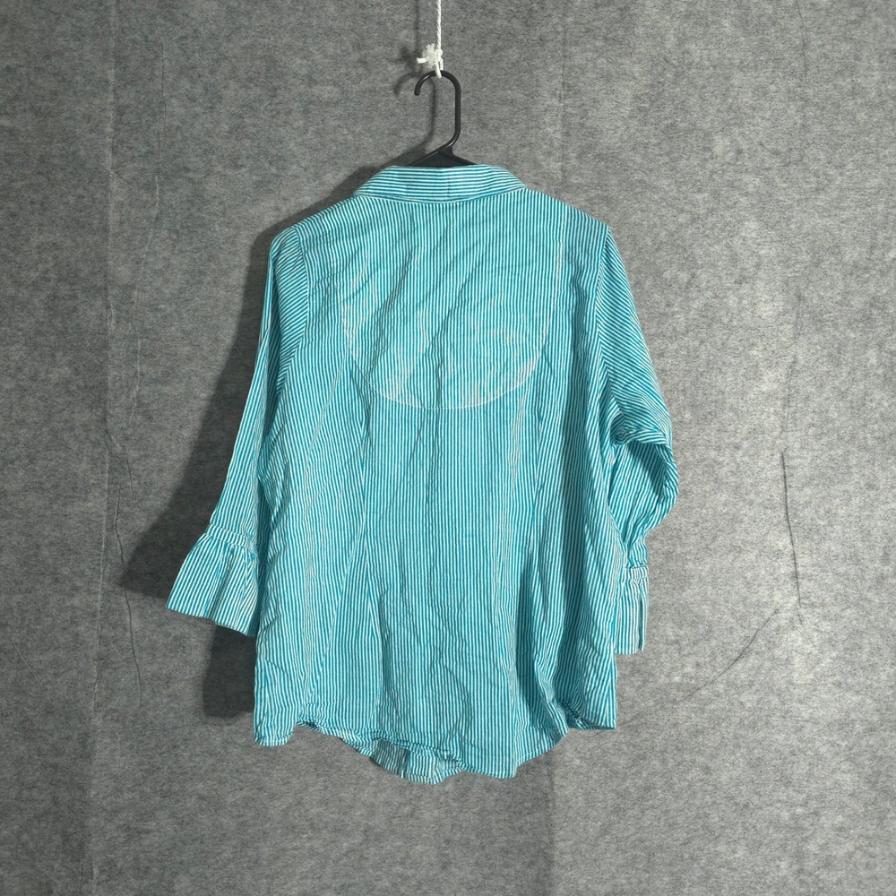 Gretchen Scott Shirt Womens L Turquoise White Striped Button Down Linen Top - Picture 2 of 11